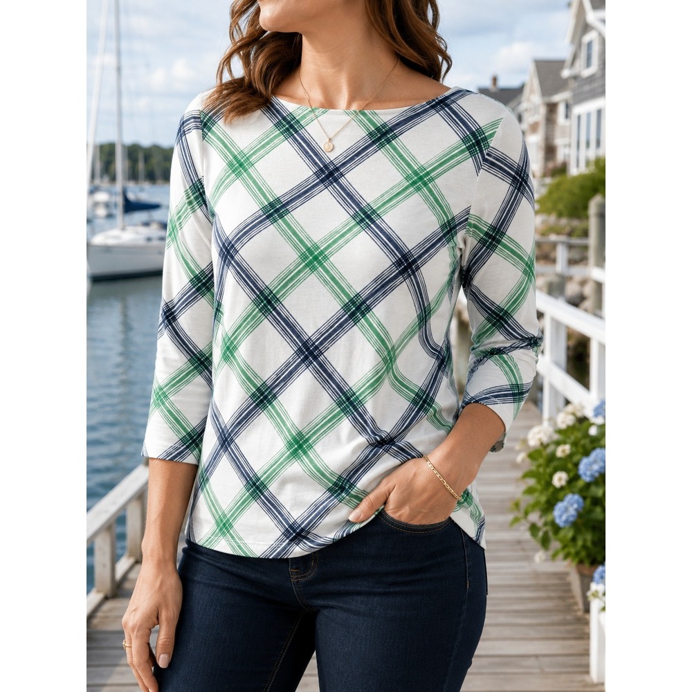 Ann Taylor Factory Women XS Green Navy Plaid Boatneck Top 3/4 Sleeve Stretch NEW